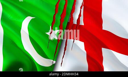 Pakistan and England flags with scar concept. Waving flag,3D rendering. Pakistan and England conflict concept. Pakistan England relations concept. fla Stock Photo