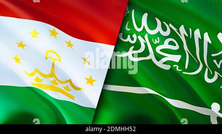 Tajikistan and Saudi Arabia flags. 3D Waving flag design. Tajikistan Saudi Arabia flag, picture, wallpaper. Tajikistan vs Saudi Arabia image,3D render Stock Photo