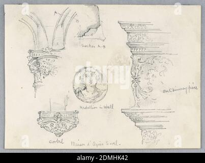 Architectural Details, Arnold William Brunner, American, 1857–1925, Graphite on paper, Capitals with floral motifs, and a medallion with face in the wall, center, labelled in the Maison d’Agnes Sorel., USA, 1883, architecture, Drawing Stock Photo