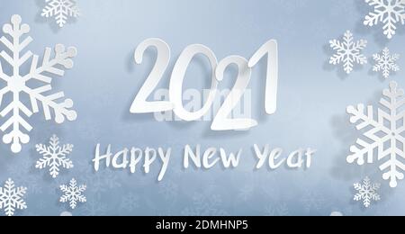 2021 Happy New Year. Christmas winter background for banner, greeting card, poster. Realistic paper cutouts font and snowflakes. Stock Vector