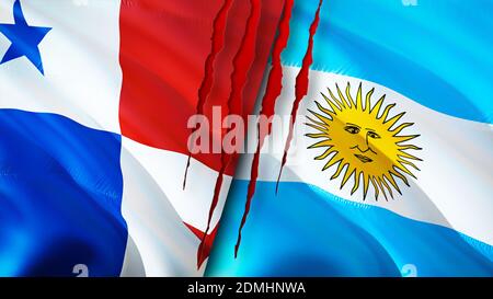 Panama and Argentina flags with scar concept. Waving flag,3D rendering. Panama and Argentina conflict concept. Panama Argentina relations concept. fla Stock Photo