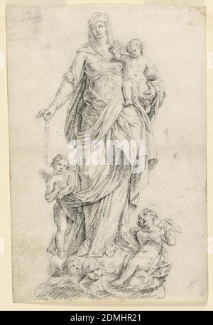 Sheet 15 of a Drawing Book, Group of the Madonna of the Rosary, Carlo Maria Giudici, Italian, 1723 - 1804, Black chalk on paper, Vertical rectangle. Figure of the Virgin is shown from the front, standing and carrying the Christ child with her left arm and the rosary with the lowered right hand. An angel holds one side of her coat, another sits upon it. Two cherubim are at the base, which has the shape of clouds. Verso: the forepart of a left foot is sketched horizontally., Milan, Italy, 1780–1800, figures, Drawing Stock Photo