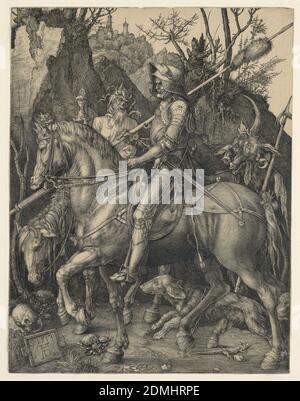Knight, Death, and the Devil, Albrecht Dürer, German, 1471–1528, Engraving on laid paper, A knight in armor, and bearing arms, rides horseback, facing left, in profile. Death rides beside him, showing him an hourglass. A devil follows, his claws extended toward the knight. Rocky landscape in background. A dog and a lizard in foreground. At lower left, monogram of Dürer, and date of 1513 on tablet resting against a stone on which a skull is placed., Germany, 1513, figures, Print Stock Photo