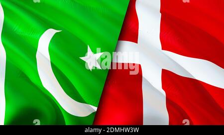 Pakistan and Denmark flags. 3D Waving flag design. Pakistan Denmark flag, picture, wallpaper. Pakistan vs Denmark image,3D rendering. Pakistan Denmark Stock Photo