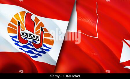 French Polynesia and Wallis and Futuna flags. 3D Waving flag design. French Polynesia Wallis and Futuna flag, picture, wallpaper. French Polynesia vs Stock Photo