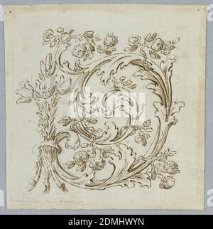 Decoration of a Panel, Black crayon, pen and ink on paper, The right side shows a bunch of lilies as the central motif. They are fastened to an acanthus scroll with small flower branches., Italy, 1725–1750, ornament, Drawing Stock Photo