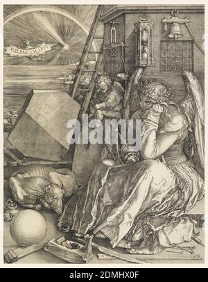 Melencolia I, Albrecht Dürer, German, 1471–1528, Engraving on off-white laid paper, The winged figure of a woman, dressed in a long robe, is seated at right; she rests her head on her left hand and holds a compass in her right. A winged genius is seated beside her, writing on a tablet. Behind them is a square tower that displays a scale, an hourglass, a bell and a magic square. The foreground is littered with various instruments related to carpentry and construction: a saw, a plane, a hammer and nails and lengths of wood. At left, a dog sleeps curled between a sphere and a polyhedron. Stock Photo