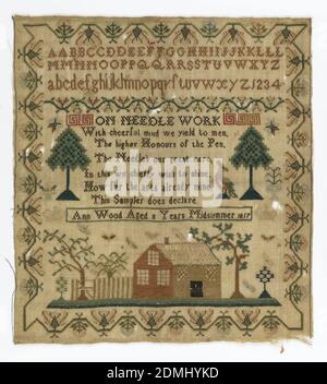 Sampler, Medium: linen, silk Technique: embroidery, Embroidery sampler with border of stylized trees; alphabet in capitals and small letters at top; a cabin and trees at bottom; and verse., England, 1817, embroidery & stitching, Sampler Stock Photo