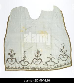 Panel, Medium: silk embroidered with metal thread and sequins on silk, Fragment of panel of pale blue silk grosgrain with border embroidered in gold metal thread and sequins in design of stiff symmetrical flower sprays connected by a linked chain. Gold ribbon on three edges. Lined with white linen embroidered in cotton cross-stitch, lining probably part of a skirt originally., France, 1750–99, embroidery & stitching, Panel Stock Photo