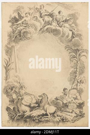 Design for an Escutcheon in Honor of William Earl Cowper (ca. 1665-1723), François Boucher, French, 1703 – 1770, Charcoal, brush and brown wash on tan paper, In the same direction as the etching--a memorial to William Earl Cowper after François Boucher by Nicolas-Dauphin de Beauvais, 1921- 6- 58. Justice with a pair of scales and a sword; Prudence and Peace are on top; attributes referring to Cowper at the bottom., ca. 1730, graphic design, Drawing Stock Photo