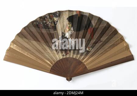 Pleated fan, Painted silk leaf, carved walnut sticks, Pleated fan with bullfighting scene painted on bronze-colored silk satin. Walnut guards carved with imitation knots., France, late 19th century, costume & accessories, Pleated fan Stock Photo