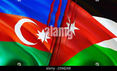 Azerbaijan and Jordan flags with scar concept. Waving flag,3D rendering. Azerbaijan and Jordan conflict concept. Azerbaijan Jordan relations concept. Stock Photo