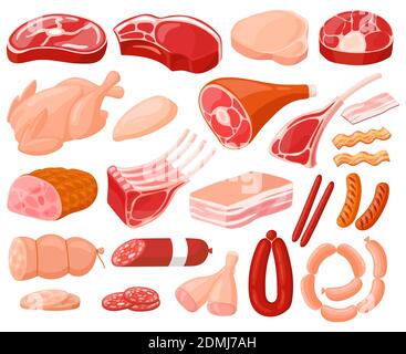 Meat products. Cartoon butchery shop food, chicken, beef steak, pork, prime rib, bacon slice and sausages. Fresh meat food vector illustrations Stock Vector