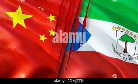 China and Equatorial Guinea flags with scar concept. Waving flag,3D rendering. China and Equatorial Guinea conflict concept. China Equatorial Guinea r Stock Photo