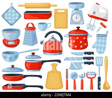Kitchen dinnerware. Kitchenware and tableware dishes, tools, cutlery, grater, mixer and cutting board. Kitchen appliance vector illustration set Stock Vector