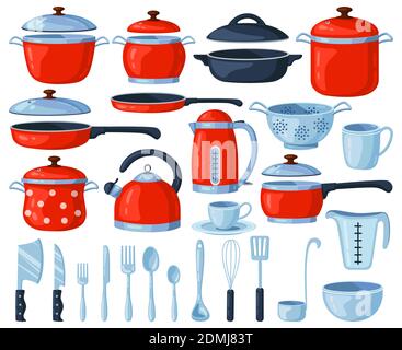 Kitchenware tools. Kitchen cooking and baking utensils, saucepan, frying pan, cutlery, kettle and colander. Kitchen utensils vector illustrations Stock Vector