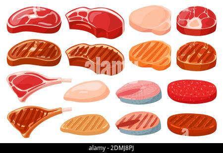 Meat steaks. Cartoon fresh and fried steaks, beef, fish, pork steaks, tenderloin beef cuts and ribeye. Butcher shop food vector illustrations Stock Vector