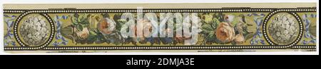 Frieze, Block-printed, Red, pink, white and yellow roses in tight garland, wound with blue ribbon,tied in bows. yellow ground, with bead edge on black, forming circles at each repeat, which are filled with hydrangea in grisaille. Used around spandrels in grand foyer of the Vienna Opera House, 1869, rebuilt (and reprinted) 1955., Vienna, Austria, 1862, Wallcoverings, Frieze Stock Photo