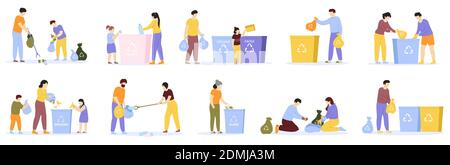 People waste sorting. Family with kids sorting recycling garbage, household activity, cleaning environment. Waste sorting vector illustration set Stock Vector
