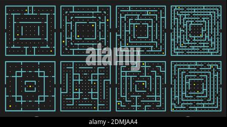 Maze arcade game. Rectangle labyrinth puzzle, arcade maze conundrum, children educational maze game. Labyrinth quest vector illustration set Stock Vector