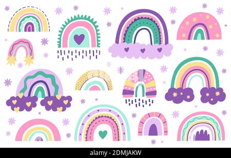 Doodle nursery rainbows. Hand drawn scandinavian style rainbow. Baby shower, childrens party cute pastel color rainbow vector symbols set Stock Vector