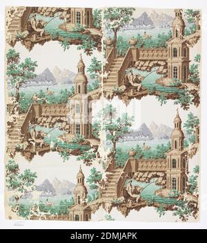 Sidewall, Block-printed paper, a) In foreground, two men fish at the foot of a balustered bridge and stairway; a tower-like structure in right foreground. In background, a lake with a boat and a village on the opposite, mountainous shore. Shades of green, gray, and brown on a glossy white ground. Length includes two and one-half full repeats of scene; double-width; b) One and one-half repeats of above design., France, 1855–60, Wallcoverings, Sidewall Stock Photo