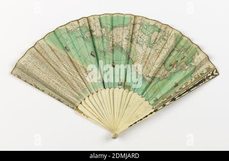 Pleated fan, Paper leaf with hand-colored engraving embroidered with metallic spangles, incised bone sticks with applied metallic foil, France, 1793–1803, costume & accessories, Pleated fan Stock Photo