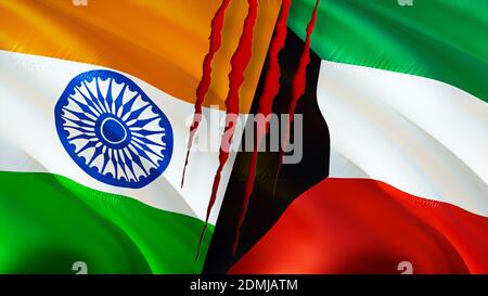 India and Kuwait flags with scar concept. Waving flag,3D rendering. India and Kuwait conflict concept. India Kuwait relations concept. flag of India a Stock Photo