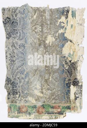 Sidewall and border, Block-printed on handmade paper, On gray ground, large-scale, formalized pattern of floral and foliage forms in ombred shades of blue and of white., possibly USA, 1820–30, Wallcoverings, Sidewall and border Stock Photo