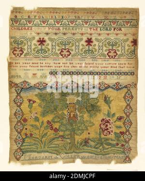 Sampler, Margaret Collier, Medium: linen, silk Technique: embroidered, Designs referencing reign of Charles II (ruled 1630 -1685). Alphabet, numbers, monograms, and flowering vines. Sampler reads: 'Children obey your parents in the Lord for this is right.', Also, 'Do not your mind to any show/ Nor let your friend your/ Sorrow know/ For when your friend becomes your foo/ Then all the world your mind shall know.', Signed: 'Margaret Collier Aged Eight Years.', Embroidery for pattern only, except in scenic panel where it covers the entire surface., England, late 17th century, embroidery Stock Photo