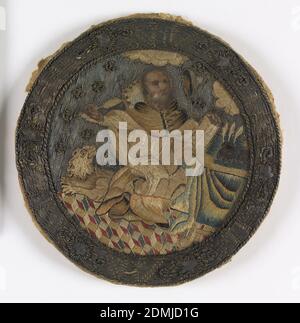 Roundel, Medium: silk, metallic thread Technique: embroidered, Embroidered circular picture of St. Mark in his study., Italy, 14th–15th century, embroidery & stitching, Roundel Stock Photo