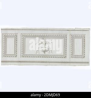 Dado, Block-printed on handmade paper, Inset panel dado on robin's egg blue ground alternating large horizontal rectangle panels and smaller vertical rectangle. Panels outlined in foliate 'molding' and beading. Row of beading top, foliate bottom, shades of gray-brown. Central motif of flowers in urn in dish with snake handles., H# 630, France, 1790–1825, Wallcoverings, Dado Stock Photo