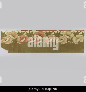 Frieze, Oatmeal paper, Large-scale pink and white poppy flowers printed on top half of brown 'oatmeal' or 'ingrain' paper., possibly USA, ca. 1900, Wallcoverings, Frieze Stock Photo