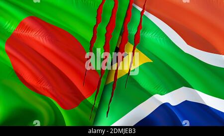 Bangladesh and South Africa flags with scar concept. Waving flag,3D rendering. Bangladesh and South Africa conflict concept. Bangladesh South Africa r Stock Photo