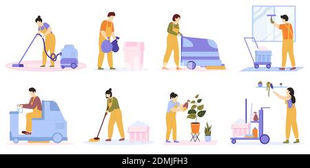 Cleaning service. Cleaning team vacuuming, washing floor and windows. Professional cleaners wash and clean office and home vector illustrations Stock Vector