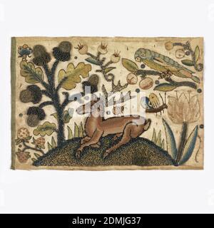 Embroidered picture, Medium: silk and metallic thread on a silk foundation Technique: embroidered, Picture showing a stag resting on a hillock surrounded by oversized vegetation such a tulip, an oak three with acorns, a strawberry plant and other flowers. The scene also inlcudes a large parrot on a branch, a butterfly and other insects., England, 17th century, embroidery & stitching, Embroidered picture Stock Photo