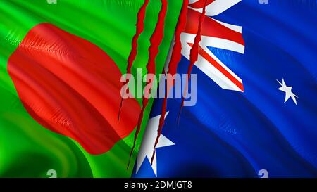 Bangladesh and Australia flags with scar concept. Waving flag,3D rendering. Bangladesh and Australia conflict concept. Bangladesh Australia relations Stock Photo
