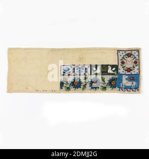 Sampler, Medium: glass beads, cotton Technique: embroidery with beads, Unfinished beadwork sampler with five patterns: two floral borders, one stylized and one naturalistic; two confronted birds; a wreath with the initial M; and an agnus dei., Mexico, 19th century, embroidery & stitching, Sampler Stock Photo