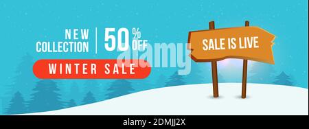 Winter sale on new collection facebook banner template. Sale is live announcement on board. Winter sale banner in blue and white color background. Stock Vector