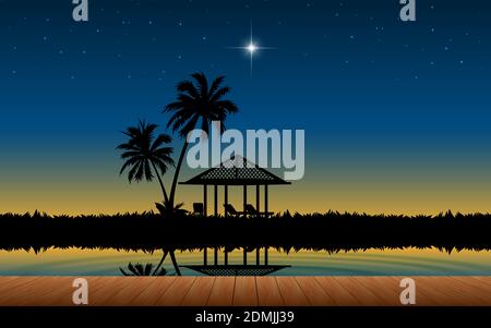 wooden floor on the lagoon in the resort in the morning Stock Vector