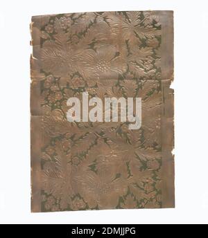 Sidewall, Block-printed paper, embossed, Embossed large blossoms and oak-leaf type foliage. Ragged edges, printed in taupe mica on dark green., Europe, 1875–99, Wallcoverings, Sidewall Stock Photo