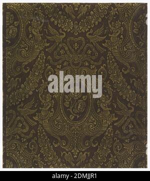 Sidewall, Block-printed paper, embossed, Imitation leather. Motifs of moss rose, nymphs, phoenix, and ribbon. Printed in gold on a copper-brown ground., France, 1875–1900, Wallcoverings, Sidewall Stock Photo