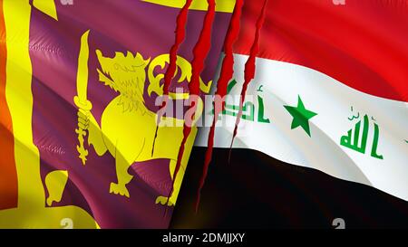 Sri Lanka and Iraq flags with scar concept. Waving flag,3D rendering. Sri Lanka and Iraq conflict concept. Sri Lanka Iraq relations concept. flag of S Stock Photo