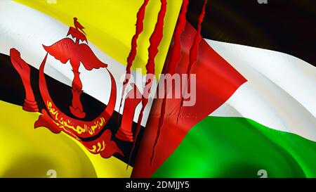 Brunei and Palestine flags with scar concept. Waving flag,3D rendering. Brunei and Palestine conflict concept. Brunei Palestine relations concept. fla Stock Photo