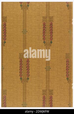 Sidewall - sample, Machine-printed on paper, On brown textured ground, vertical bands with staggered rinceaux of pink flowers., USA, 1906–08, Wallcoverings, Sidewall - sample Stock Photo