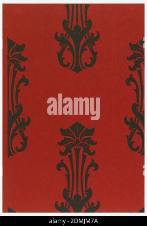 Sidewall - sample, Machine-printed paper, Staggered anthemion motifs in black on a red ground., USA, 1906–08, Wallcoverings, Sidewall - sample Stock Photo