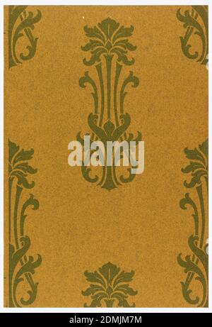 Sidewall - sample, Machine-printed on paper, Staggered anthemion motifs in green on brown textured ground., USA, 1906–08, Wallcoverings, Sidewall - sample Stock Photo