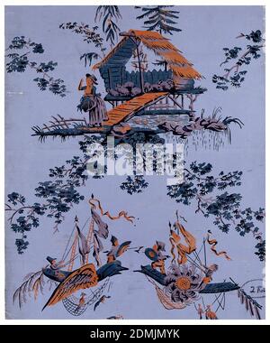 Sidewall, Block printed on handmade paper, Chinoiserie depicting shepherdess guarding her flock, alternating with a pair of boats involved in aerial combat., Paris, France, ca. 1785, Wallcoverings, Sidewall Stock Photo