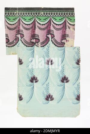 Border and sidewall, Block-printed on joined sheets of handmade paper, Drapery pattern, printed in pink/mauve with black on teal ground., France, 1800–1825, Wallcoverings, Border and sidewall Stock Photo