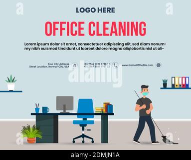 Office cleaning service facebook post. Janitor cleaning office wearing mask.Office interior vector. Office cleaning popup post template for facebook Stock Vector